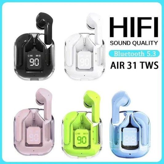 Air31 Digital Display Wireless Earbuds | Transparent Gaming Earbuds | Air 31 Crystal Clear Sound Bluetooth Earbuds,